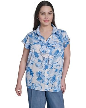 Calvin Klein Plus Size Cap-sleeve Ruffle-front Collared Top - Blue