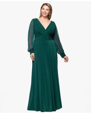 Betsy & Adam Plus Chiffon Long Sleeve V Neck Gown in Green | Lyst