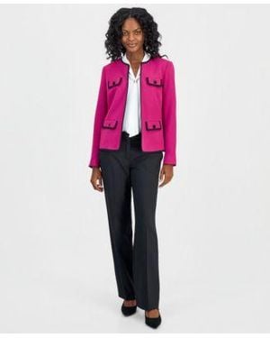 Kasper Collarless Contrast Piping Jacket Embellished Neck Tie Top Ava Straight Leg Pants - Pink