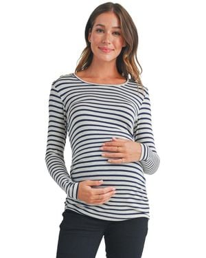 Hello Miss Long Sleeve Side Ruched Striped Maternity Top - White