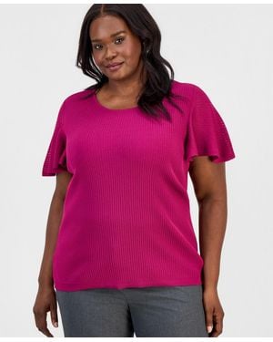 Kasper Plus Size Ribbed Flutter-sleeve Sweater - Pink