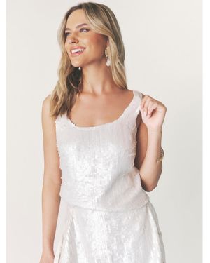 Six Stories Alice Embellished Sequin Scoop Neck Top - White