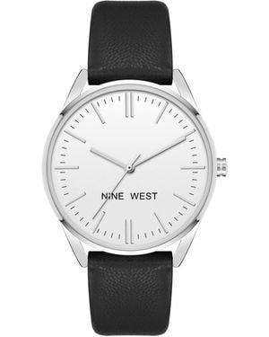 Nine West Quartz Black Faux Leather Band Watch - Gray