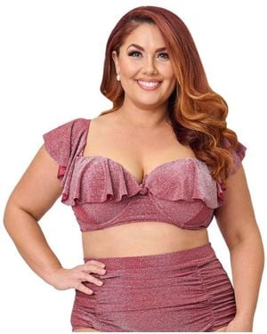 Unique Vintage Plus Size Ruffled Cap Sleeve Frida Swim Top - Red