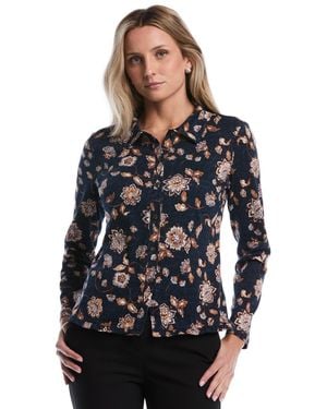 Rafaella Petite Floral Ruffle-trim Long-sleeve Blouse - Blue