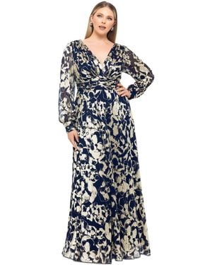 Betsy & Adam Plus Size V-neck Foil Mesh A-line Dress - Blue
