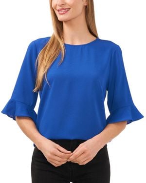 Cece Ruffled-cuff 3/4-sleeve Crew Neck Top - Blue