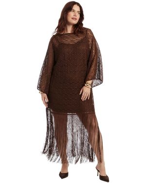 June + Vie Lace Kimono Dress With Fringe - Brown