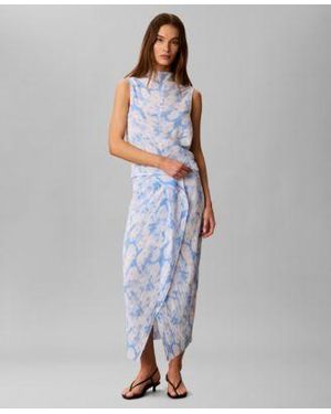 Calvin Klein Printed Plisse Mock Neck Sleeveless Top Bias Seam Midi Skirt - Blue