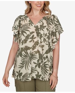 Ruby Rd. Plus Size Tropical Print Gauze Flutter-sleeve Top - Brown