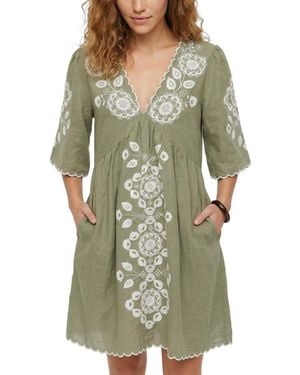 Raffya Arabella V- Neck Embroidered Mini Dress - Green