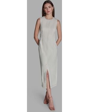 BCBGMAXAZRIA Sleeveless Rhinestone Crew Neck Midi Dress - White