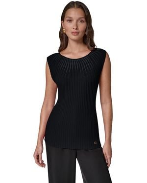 Donna Karan Crewneck Sleeveless Ribbed Pullover Sweater - Black