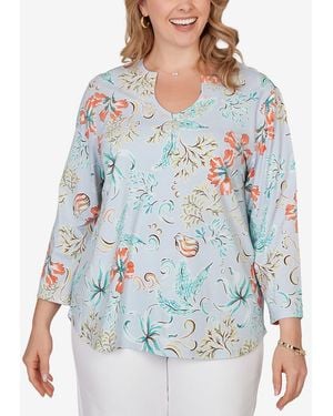 Ruby Rd. Plus Size Embellished Oceania Floral Knit Top - White