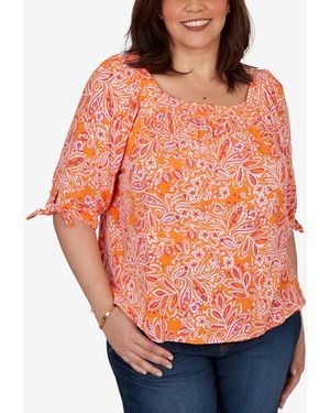 Ruby Rd. Plus Size Paisley Print Tie-sleeve Knit Top - Orange