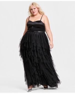 City Studios Trendy Plus Size Corset-bodice Ruffled-skirt Gown - Black