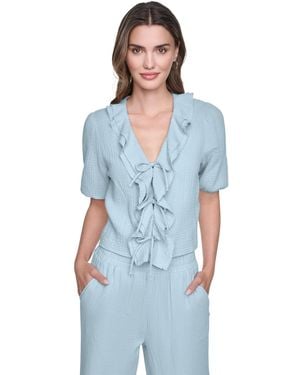 DKNY V-neck Short Puff Sleeve Tie-front Shirt - Blue