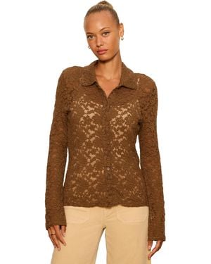 Sanctuary Petite Dreamer Lace Long-sleeve Button-up Blouse - Brown