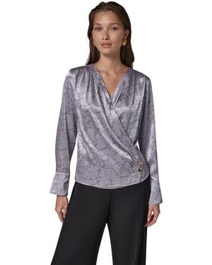Donna Karan Faux-wrap V-neck Long-sleeve Blouse - Gray