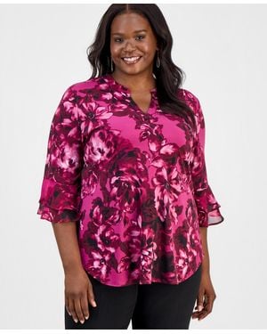 Kasper Plus Size Split-neck Printed Flutter-sleeve Top - Red