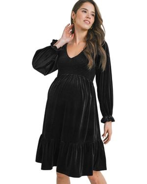 Hello Miss Maternity Smocked V Neck Long Sleeve Velvet Dress - Black