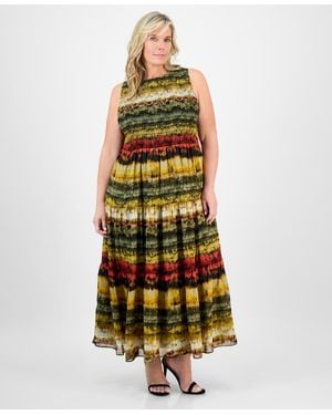 Anne Klein Plus Size Printed Smocked-bodice Tiered Dress - Metallic
