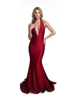 Jessica Angel Plunging Halter Mermaid Open-back Evening Gown - Red
