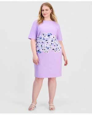 Kasper Plus Size Printed Scuba Crepe Sheath Dress - Purple