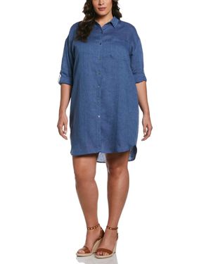 Rafaella Plus Size Roll Sleeve Linen Shirt Dress - Blue