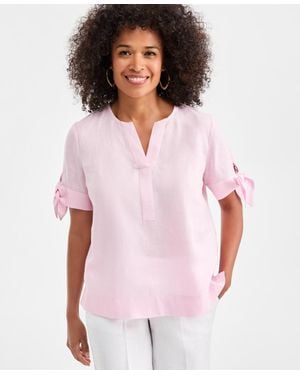 Charter Club 100% Linen Split-neck Tie-cuff Top - Pink