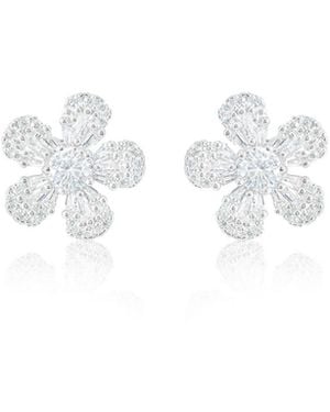 Etoile White Gold Tone Floral Studs Pave Cubic Zirconia Statement Earrings