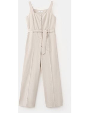 Mango Belt Cropped Linen Jumpsuit - White