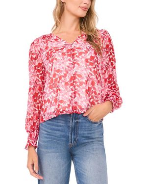 SAM & JESS V-neck Button-front Smocked-shoulder Top - Red