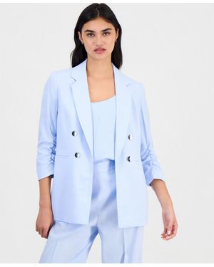 BarIII Ruched-sleeve Open-front Linen Blazer - Blue