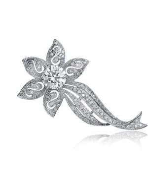 Genevive Jewelry Sterling Silver Stylish White Cubic Zirconia Flower Pin - Metallic