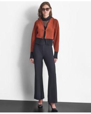 DKNY Turtleneck Long Sleeve Zip Back Mesh Top Soft Ponte Knit High Rise Pull On Pants Contrast Ribbed Open Front Cardigan - White
