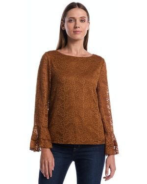 Rafaella Petite Boat Neck Lace Long-ruffle-sleeve Blouse - Brown