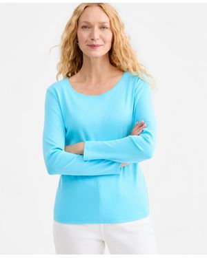 Style & Co. Cotton Long-sleeve Scoop-neck Top - Blue
