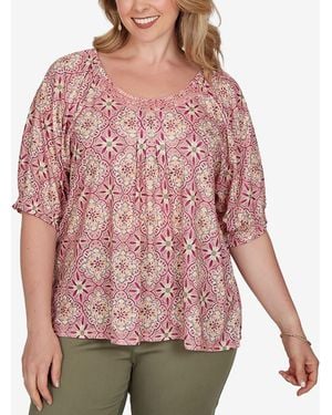Ruby Rd. Plus Size Desert Geo Print Lace Trim Knit Top - Red