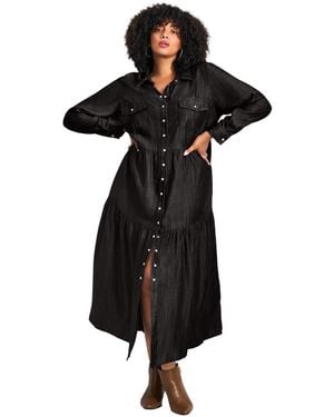 Avenue Plus Size Denim Tiered Shirtdress - Black