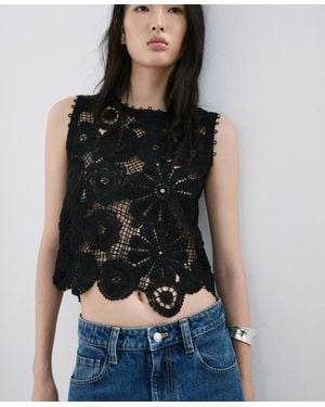 Mango Lace Accents Embroidered Top - Black