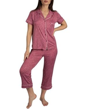 BCBGMAXAZRIA Short Sleeve Notch Collar Top And Capri Pants Pajamas 2-piece Set - Red