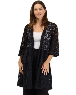 24seven Comfort Apparel Lace Floral-print 3/4-sleeve Jacket - Black