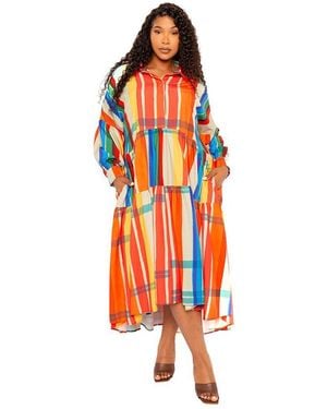 Buxom Couture Plus Size Plaid Puff Sleeve Tiered Shirt Dress - Orange