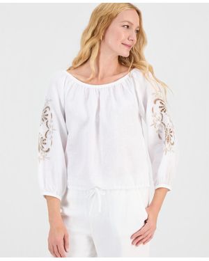 Charter Club 100% Linen Tile On-off-shoulder 3/4-sleeve Top - White