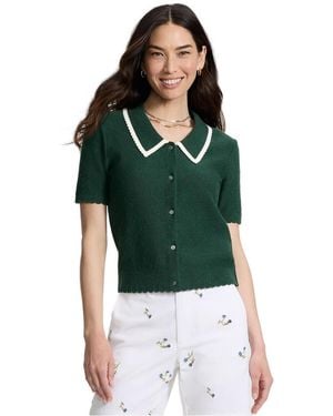 Lands' End Drifter Collared V-neck Short-sleeve Scalloped Cardigan - Green