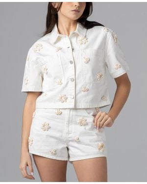 Blank NYC Sea Shell Applique Detail Collared Cropped Denim Shirt - White