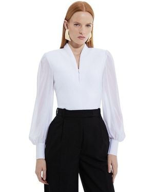 Karen Millen Zip Detail Chiffon Sleeve Knit Top - White