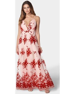 Bebe Plunge Neck Embroidered Maxi Dress