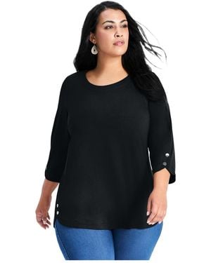 Avenue Plus Size Sabrina Btn Dtl 3/4 Slv Top - Black
